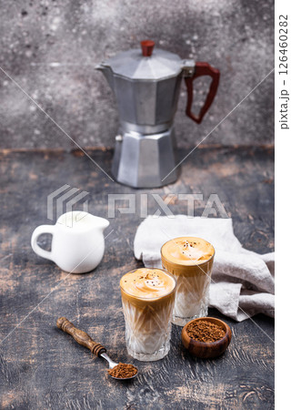 Dalgona whipped coffee with milk 126460282