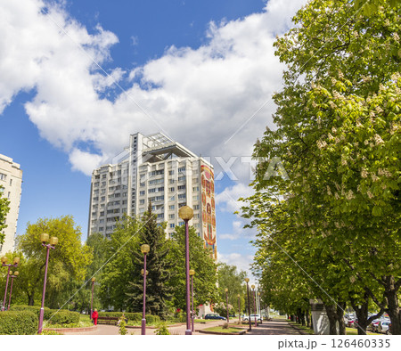 05.05.2025 - Minsk, Belarus. High rise residential tower on one of the streets of the city 126460335