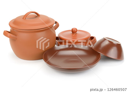 Set of beautiful clay dishes isolated on white 126460507