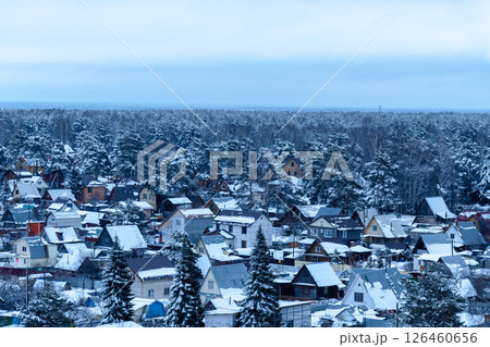 A serene village blanketed in fresh snow showcases a collection of houses, surrounded by dense evergreen forest on a cold winter day 126460656