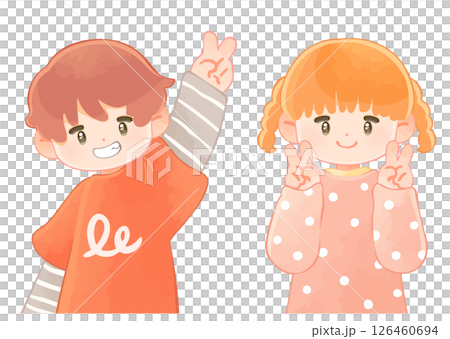 孩子做出和平手勢：男孩和女孩 126460694