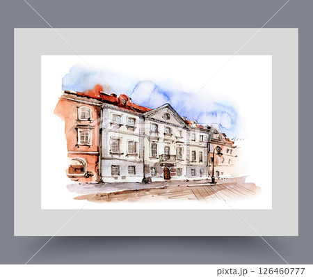 City with three-story buildings in style of European architecture on wall art. Watercolor artwork 126460777