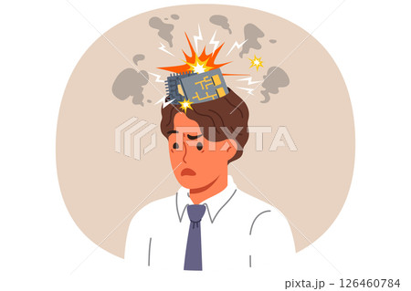Man robot with exploding computer boards in head due to overload with work tasks 126460784