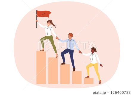 Teamwork company employees climbing up on schedule to hoist flag to top and achieve superiority Teamwork company employees climbing up on schedule to hoist flag to top and achieve superiority 126460788