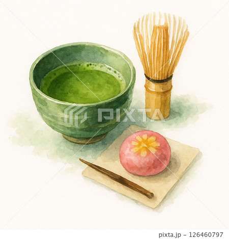 和菓子と抹茶の水彩イラストセット 126460797