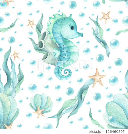 Seahorse character with algae, seashell, stars and bubbles seamless pattern. Watercolor children's illustration turquoise shades isolated from background. Kids design stationary, textile, packaging 126460805