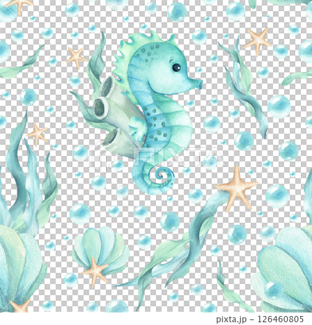 Seahorse character with algae, seashell, stars and bubbles seamless pattern. Watercolor children's illustration turquoise shades isolated from background. Kids design stationary, textile, packaging 126460805