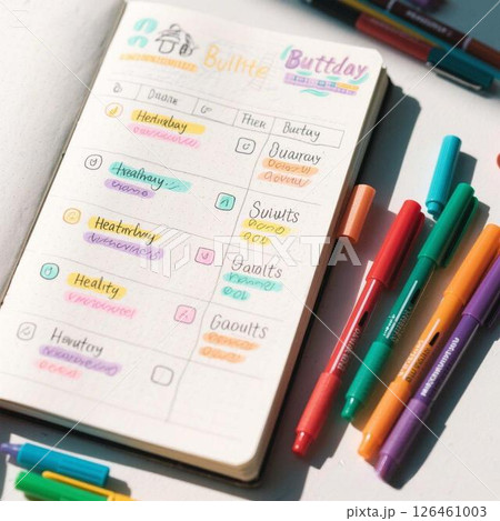 手帳に書かれた週間習慣トラッカー　バレットジャーナルの整理整頓イメージ 126461003