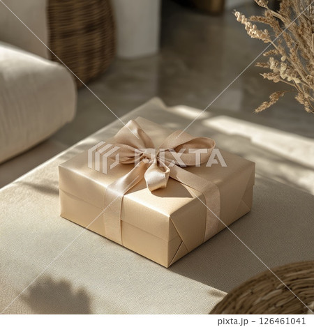 Photo of a gift box mockup adorned with a bow on a neutral surface, featuring soft focus and a warm color palette, creating an elegant and inviting mood 126461041