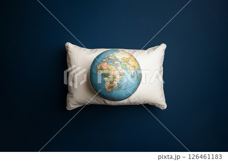 world sleep day, globe on a sleeping pillow on blue background, top view 126461183