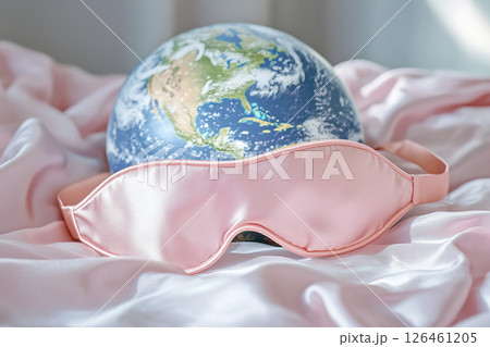 globe and sleep mask on pink silk bed, world sleep day 126461205