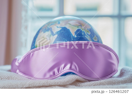 globe and purple sleep mask on silk bed, world sleep day 126461207