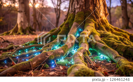 Bioluminescent moss covering ancient tree roots. Generated Image Bioluminescent moss covering ancient tree roots. Generated Image 126461248