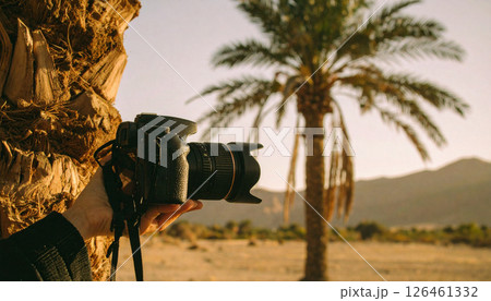 Single palm tree on dark soft light .Background concept. Generated Imag Single palm tree on dark soft light .Background concept. Generated Imag 126461332