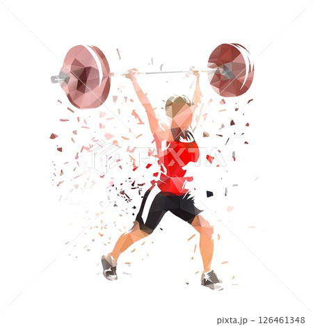 Weightlifting, woman lifting big barbell, isolated low polygonal vector illustration 126461348