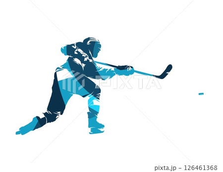 Hockey player shooting puck. Ice hockey winter team sport. abstract blue isolated vector silhouette, side view 126461368
