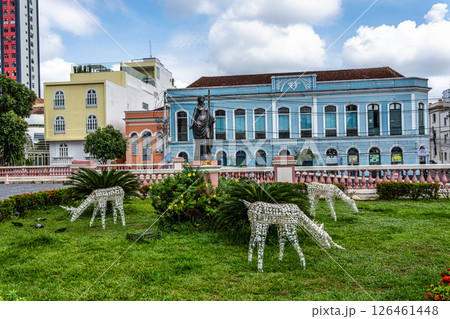 Largo Sao Sebastiao Square in Manaus, Amazonas, Brazil in front of the Teatro Amazonas with a fountain in the center. 126461448