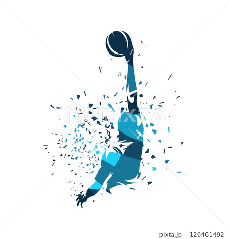 Basketball player scores, ball in hand. Team sport ahtlete. Abstract blue vector isolated silhouette with dispersion effect 126461492