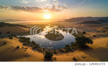desert with pools at sunset. Background concept. Generated Image 126461725
