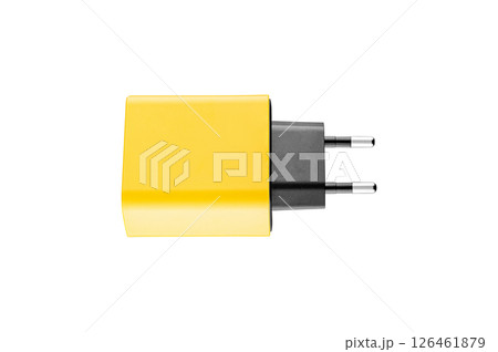 adapter for charger with USB and Type C connector, yellow, on isolated or white background 126461879