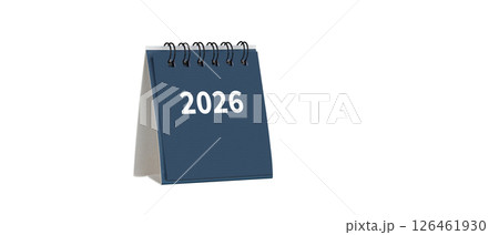 Desktop calendar for cover 2026 in white colour. Mini planner for business and finance, spiral view on isolated white background 126461930