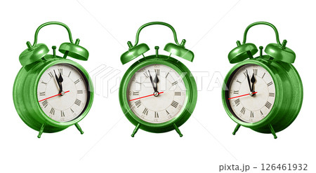 set collection retro clock, watch, pointer clock, Green color alarm clock on isolated white background set collection retro clock, watch, pointer clock, Green color alarm clock on isolated white background 126461932