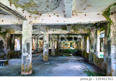 Interior view of the bomb-scarred Japanese Communications Center in Palau, a relic from World War II. Moss-covered columns, bullet holes, and decaying concrete highlight the structure's wartime damage 126462561