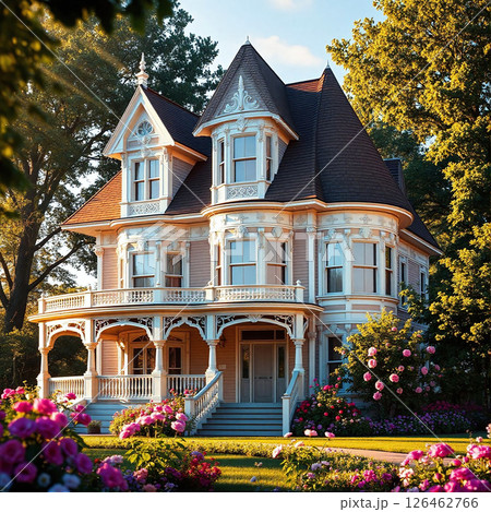 Victorian-style house with exquisite architecture surrounded by blooming flowers 126462766