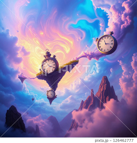 Surreal landscape with floating clocks and vibrant clouds at twilight 126462777