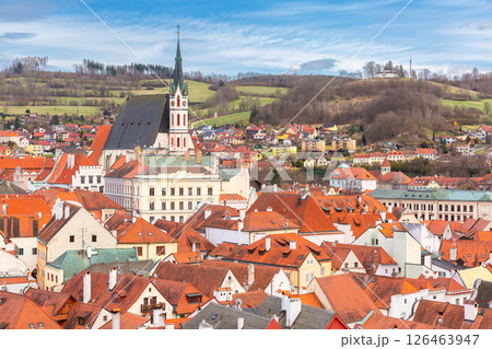 Cesky Krumlov church and rooftops, Cesky Krumlov, Czech Republic 126463947