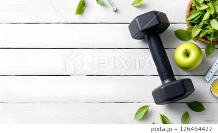 An outdoor scene features a white wooden table with a dumbbell, apples, and vegetables, emphasizing health and weight loss An outdoor scene features a white wooden table with a dumbbell, apples, and vegetables, emphasizing health and weight loss 126464427