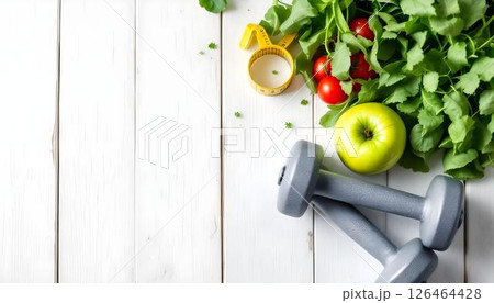 A white wooden table outdoors displays a dumbbell, fresh apples, and assorted vegetables, promoting health and weight loss A white wooden table outdoors displays a dumbbell, fresh apples, and assorted vegetables, promoting health and weight loss 126464428