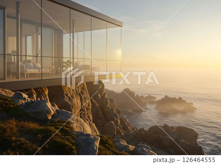崖の上に浮かぶ、海を見渡すガラスの邸宅5 AI生成画像 崖の上に浮かぶ、海を見渡すガラスの邸宅5 AI生成画像 126464555