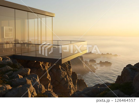 崖の上に浮かぶ、海を見渡すガラスの邸宅7　AI生成画像 126464557