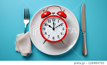 A plate with a clock and fork, representing the connection between time and healthy eating for weight loss A plate with a clock and fork, representing the connection between time and healthy eating for weight loss 126464783