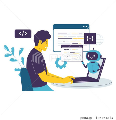 Flat Illustration of AI Coding Assistant Helping Developer with Programming Tasks 126464813