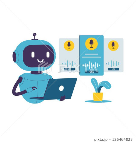 Flat Illustration of Cute AI Robot Using Voice Changer Software on Laptop Flat Illustration of Cute AI Robot Using Voice Changer Software on Laptop 126464825