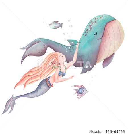 Watercolor mermaid with cute whale and fish in blue, ready print. Illustration of children linen or kids textiles. Drawing for nursery wall. Watercolor mermaid with cute whale and fish in blue, ready print. Illustration of children linen or kids textiles. Drawing for nursery wall. 126464966