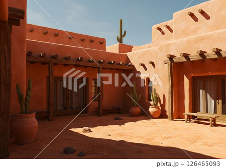 サボテンと砂に包まれたアドビスタイルの家8　AI生成画像 126465093