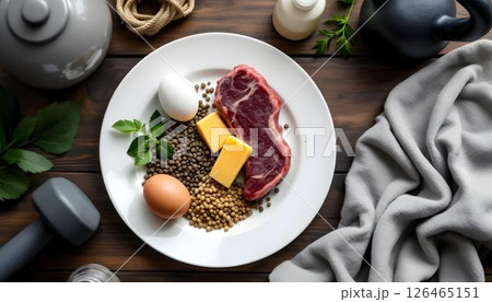 A nutritious plate featuring meat and eggs, placed in a gym setting, highlighting a healthy diet for bodybuilders 126465151