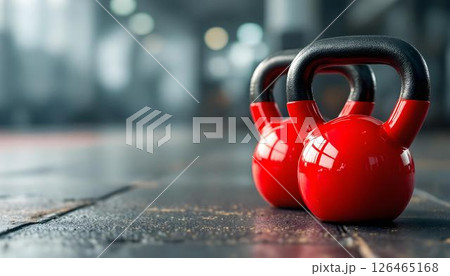 Two red kettlebells resting on a wooden floor, surrounded by gym equipment, emphasizing a fitness and workout environment Two red kettlebells resting on a wooden floor, surrounded by gym equipment, emphasizing a fitness and workout environment 126465168