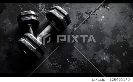 A black background features two dumbbells, essential equipment for boxing, crossfit, and overall fitness training A black background features two dumbbells, essential equipment for boxing, crossfit, and overall fitness training 126465170