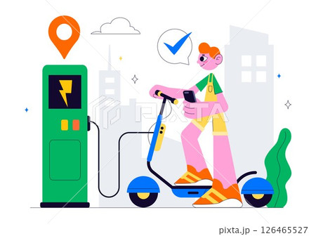 Electric Scooter Rental Service Vector Illustration featuring Transportation You Can Rent for a Quick and Eco Friendly Ride in a Flat Style Background Electric Scooter Rental Service Vector Illustration featuring Transportation You Can Rent for a Quick and Eco Friendly Ride in a Flat Style Background 126465527