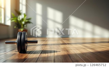 A pair of dumbbells on a wooden gym floor, illustrating a commitment to exercise and bodybuilding 126465712