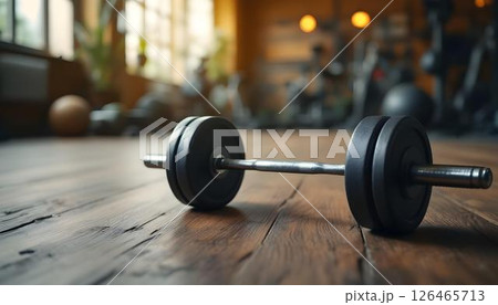 Dumbbells placed on a wooden floor in a gym, emphasizing a healthy lifestyle and fitness routine 126465713