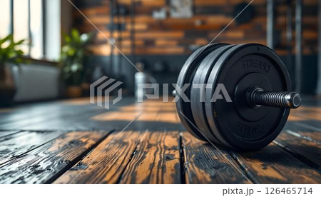 A pair of dumbbells on a wooden gym floor, highlighting a space for workouts and bodybuilding 126465714