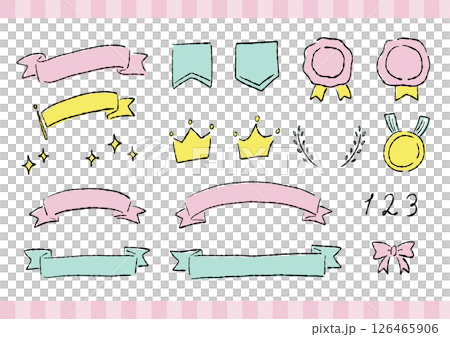 リボン　シーリングスタンプ　王冠　見出しタイトルのフレームセット　大人かわいい手描き素材 126465906