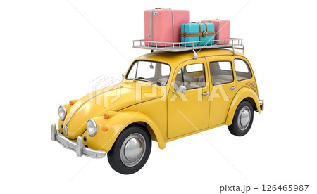 A yellow retro car with luggage on top, set against a transparent background, evokes summer beach vacation vibes 126465987