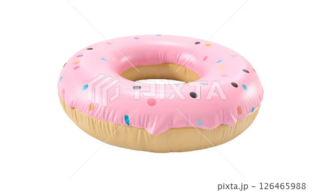 A pink donut float isolated on a transparent background, perfect for summer beach vacations and inflatable fun 126465988