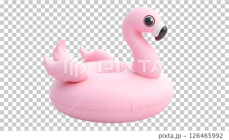 A pink flamingo swim ring drifts on a transparent background, making it the perfect addition for summer beach getaways and poolside enjoyment 126465992